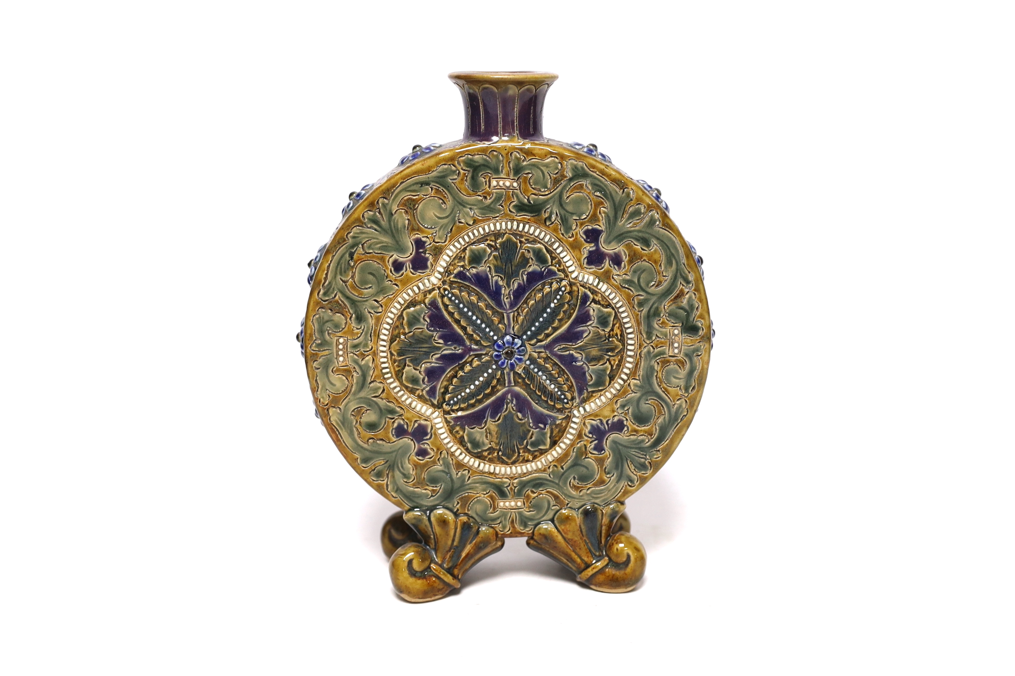 Eliza Simmance for Doulton Lambeth, an unusual moonflask, probably dated 1879, incised with a flowerhead and scrolling leaves with applied 'jewelling', on four scroll feet, impressed mark and incised marks '217' 'ES' and